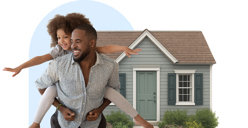 Daughter and father happily playing in front of a house